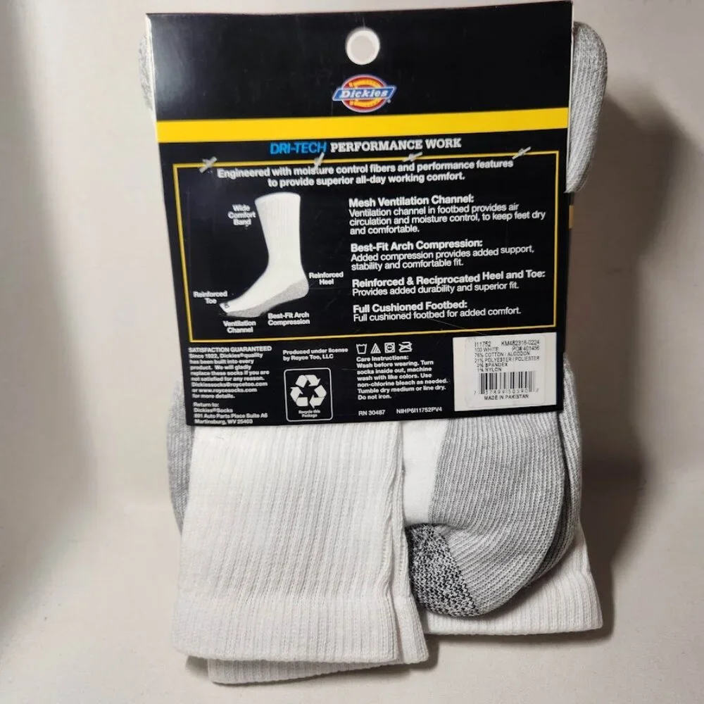 NEW Dickies Men's Dri-Tech Moisture Control Crew Socks 6 Pack Size XL White Soft